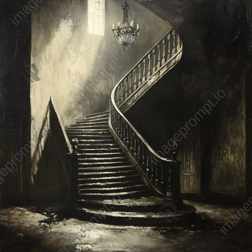 Eerie chiaroscuro scene of a winding staircase in a haunted manor under moonlight - Image 2