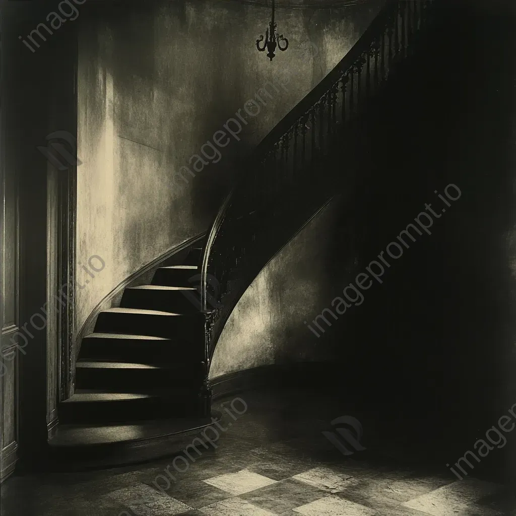 Eerie chiaroscuro scene of a winding staircase in a haunted manor under moonlight - Image 4