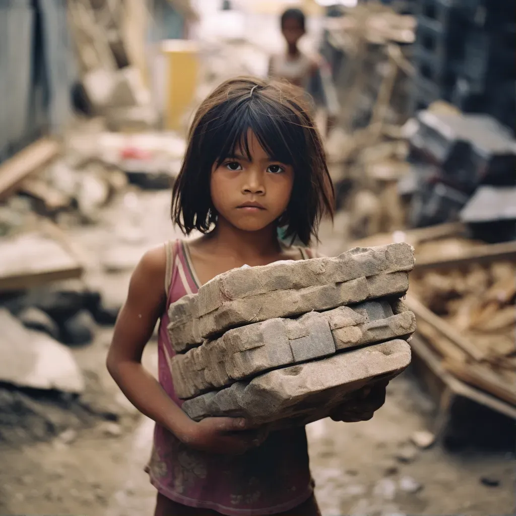 Young girl in child labor carrying heavy load on construction site - Image 1