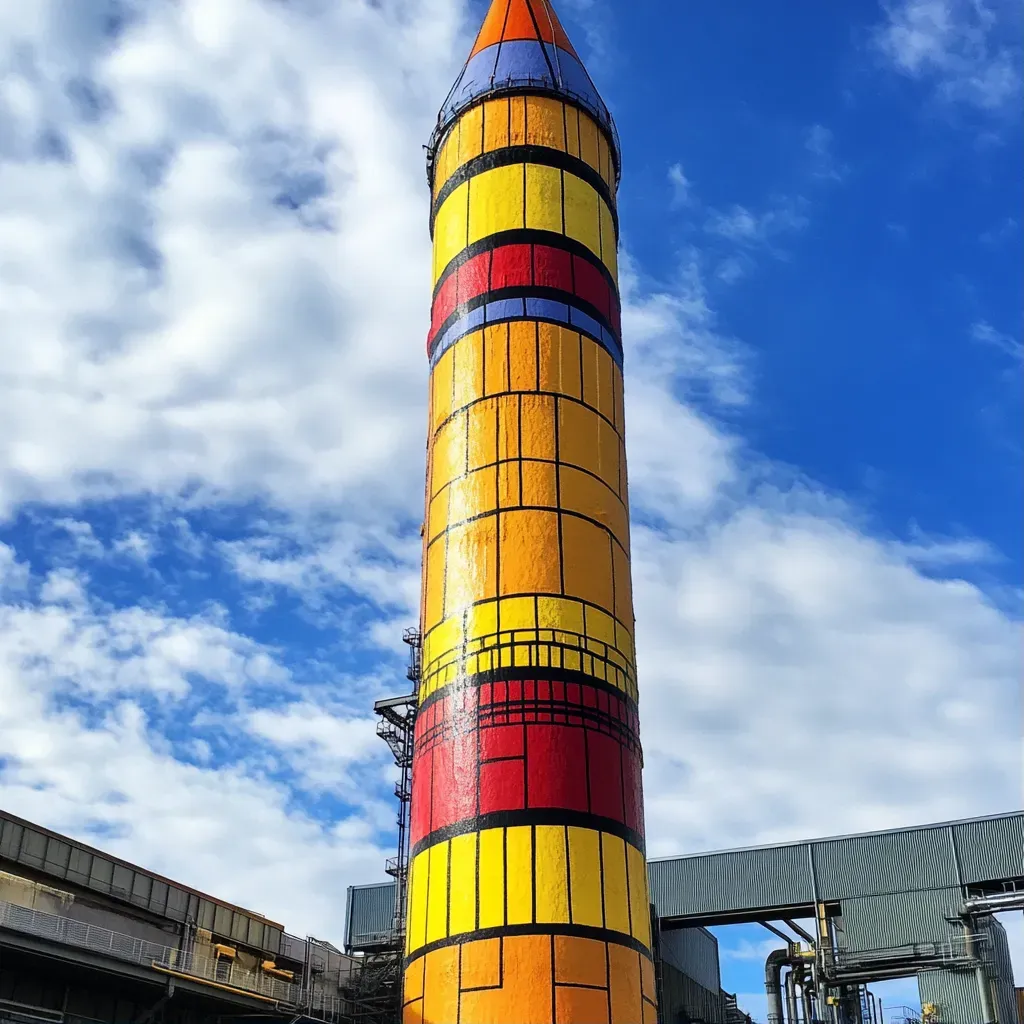 A drab industrial chimney colorfully painted to resemble a giant pencil - Image 1