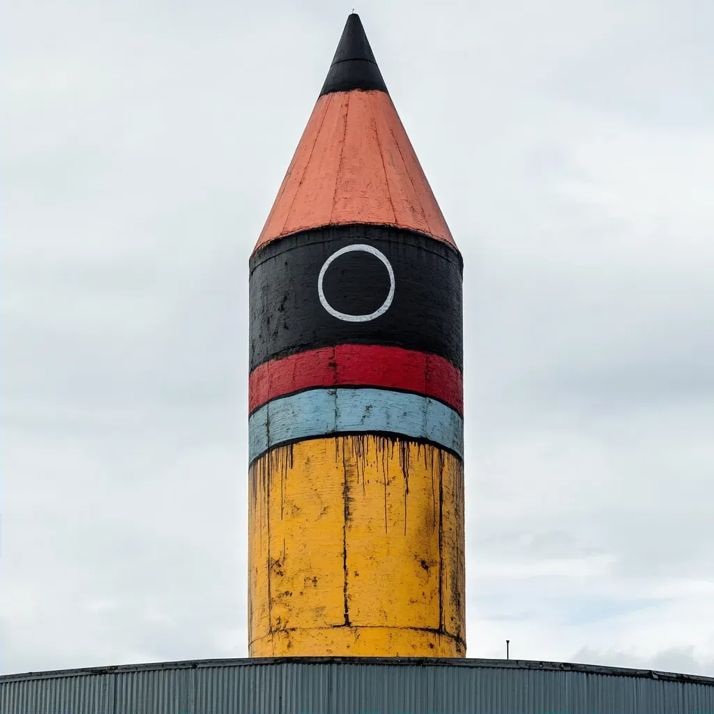 A drab industrial chimney colorfully painted to resemble a giant pencil - Image 2