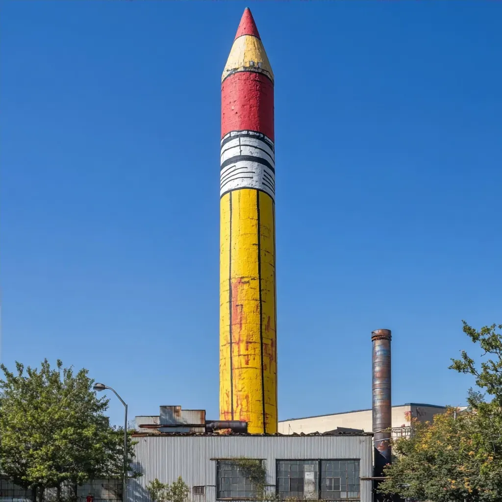 A drab industrial chimney colorfully painted to resemble a giant pencil - Image 4