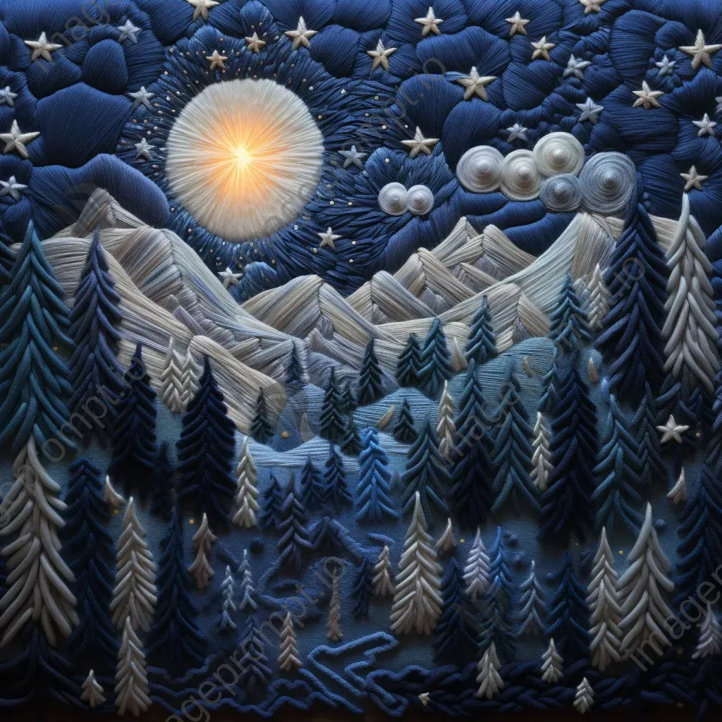 Embroidered art of a starry winter night with aurora borealis in Nordic setting - Image 1