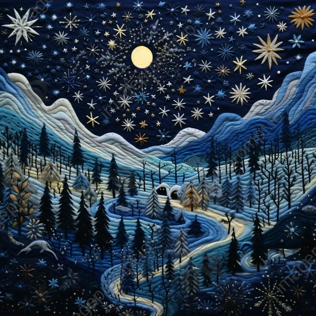 Embroidered art of a starry winter night with aurora borealis in Nordic setting - Image 2