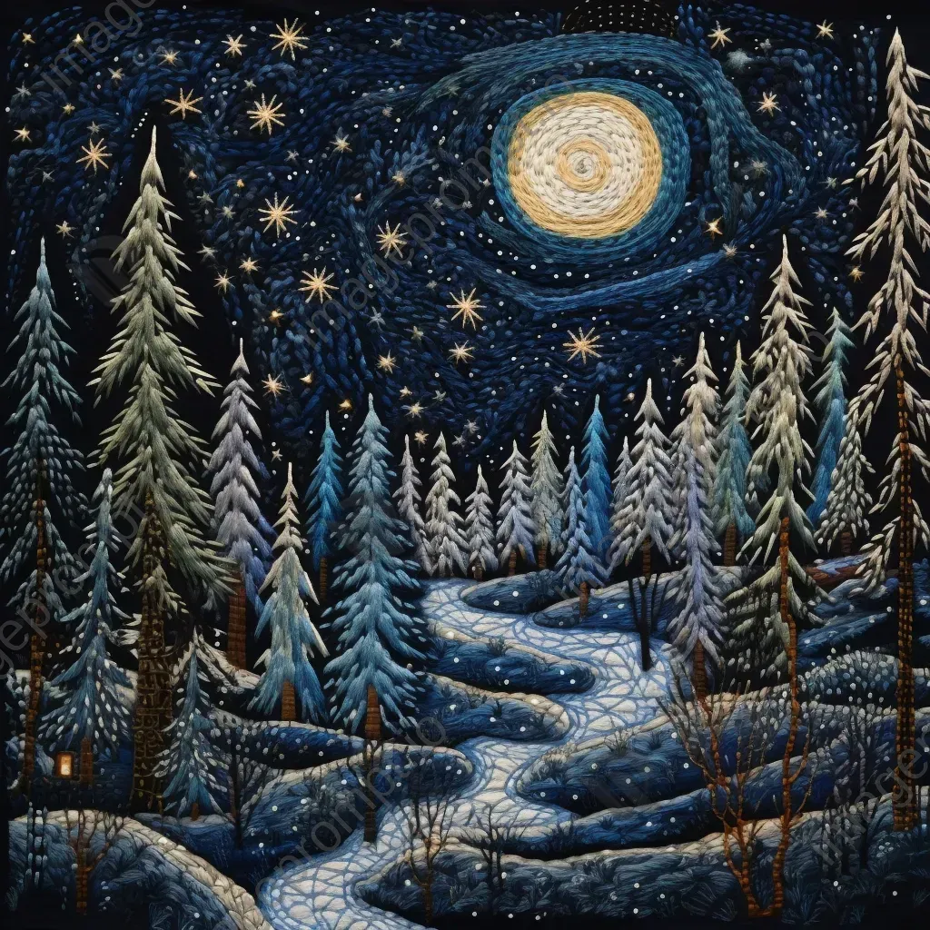 Embroidered art of a starry winter night with aurora borealis in Nordic setting - Image 3