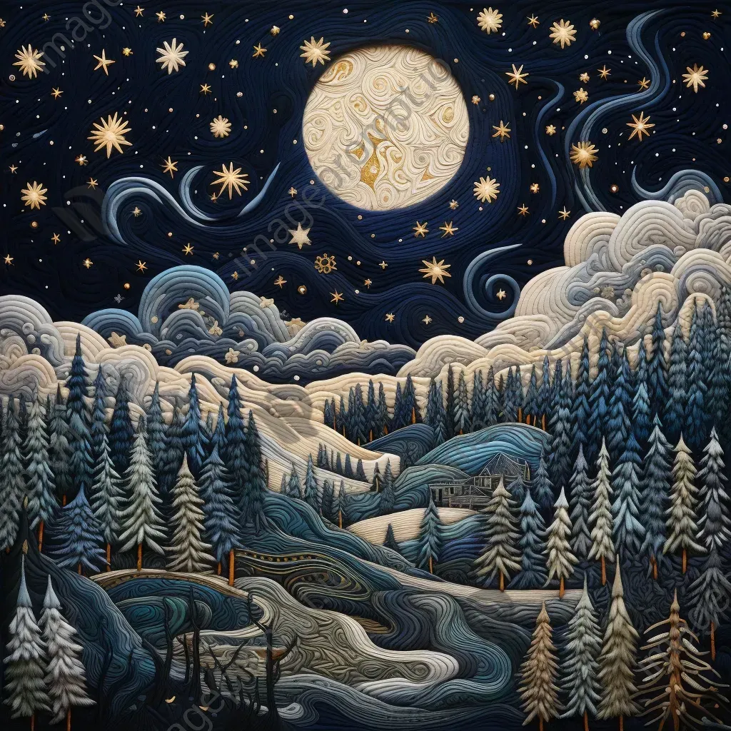 Embroidered art of a starry winter night with aurora borealis in Nordic setting - Image 4