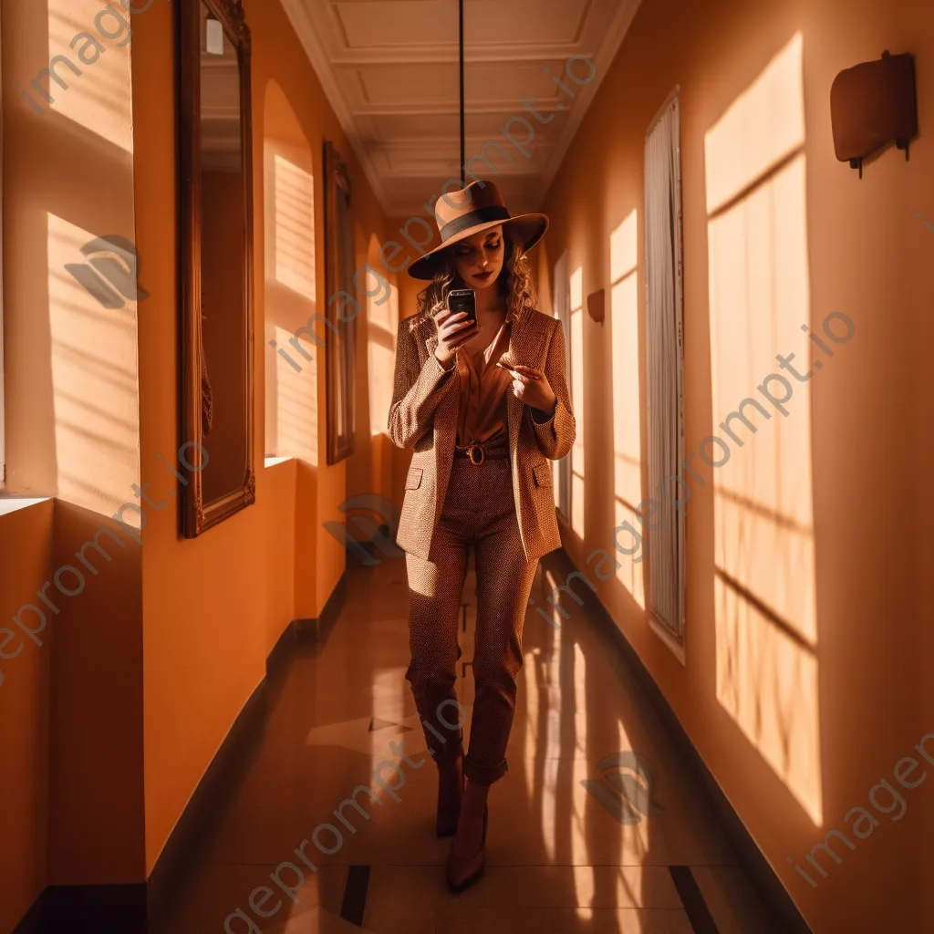 Fashion influencer taking selfies in corridor - Image 4