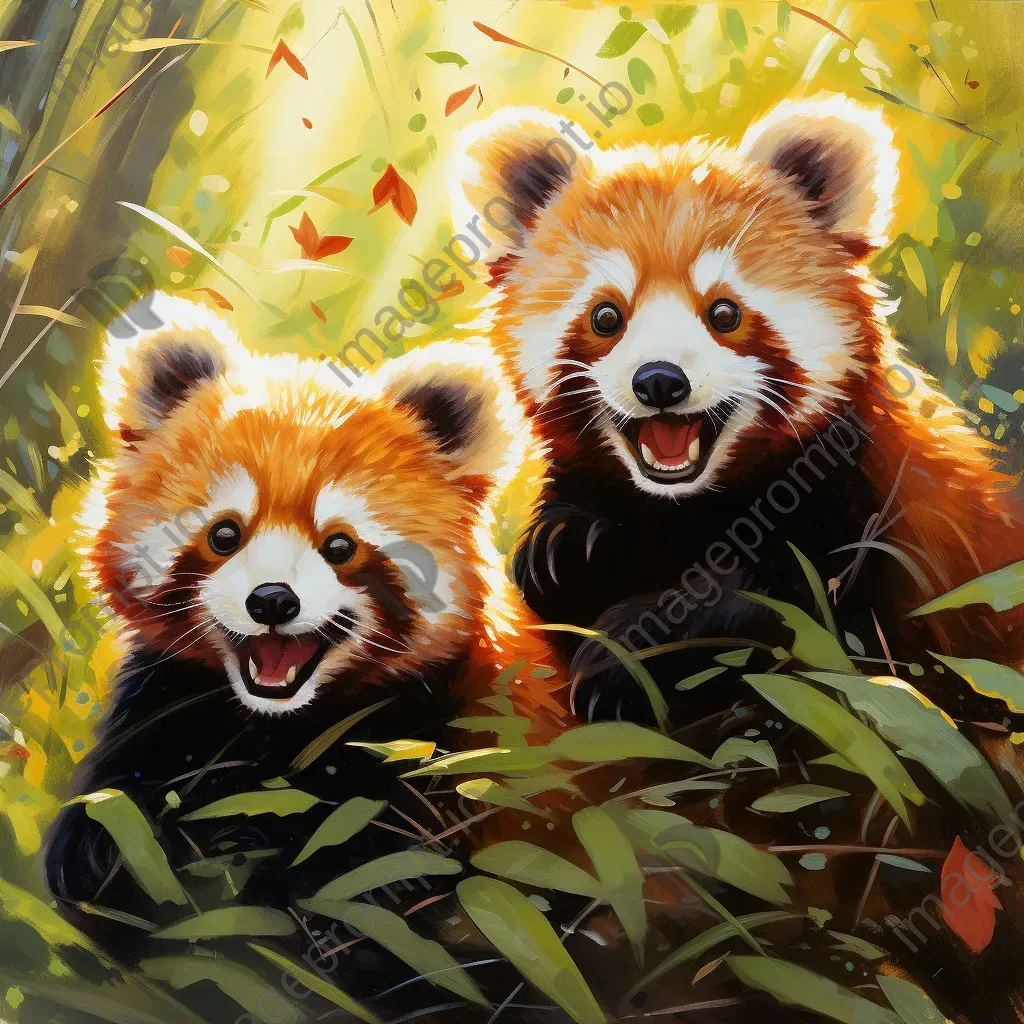 Two red pandas playing in bamboo forest - Image 1