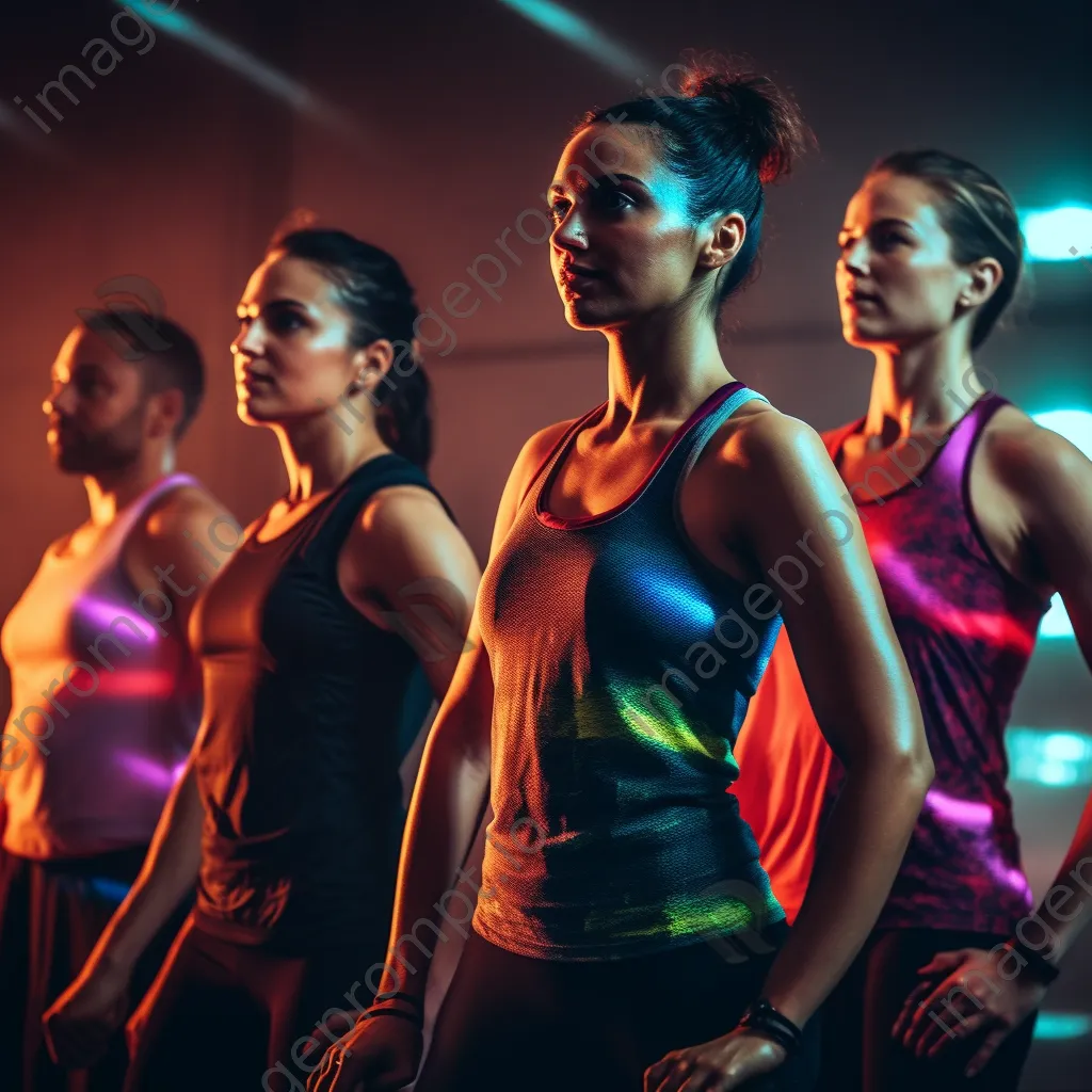 Group of participants in a fitness class monitoring heart rates on fitness trackers - Image 2