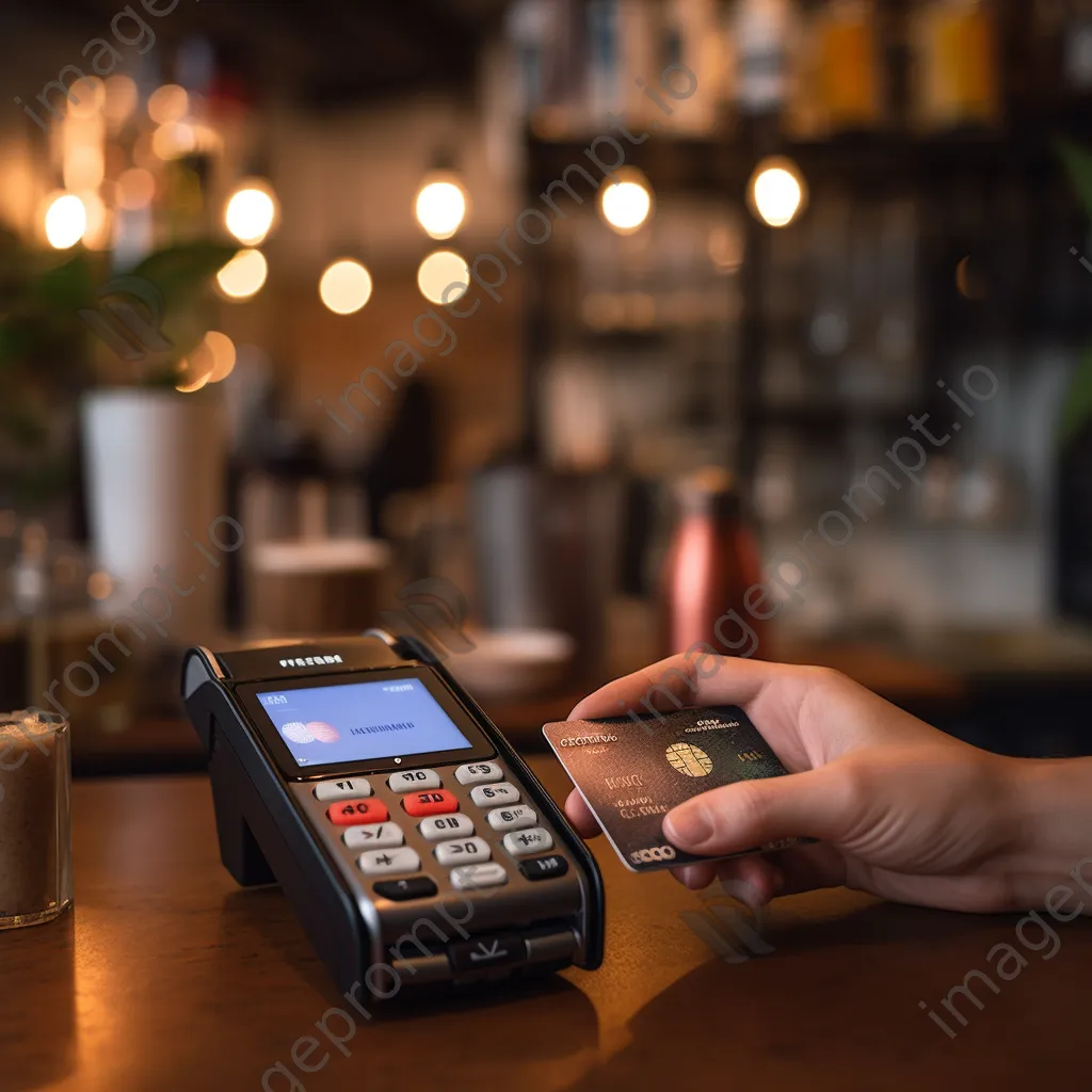 Hand holding a credit card in front of a digital payment terminal showing cryptocurrency options in a cafe. - Image 1