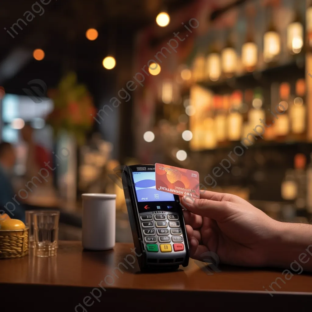 Hand holding a credit card in front of a digital payment terminal showing cryptocurrency options in a cafe. - Image 2