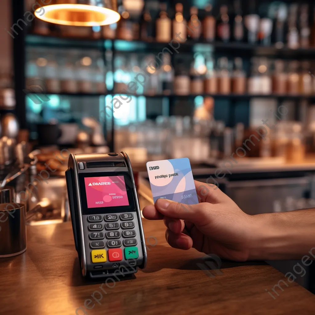 Hand holding a credit card in front of a digital payment terminal showing cryptocurrency options in a cafe. - Image 3