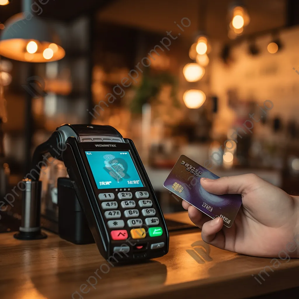 Hand holding a credit card in front of a digital payment terminal showing cryptocurrency options in a cafe. - Image 4