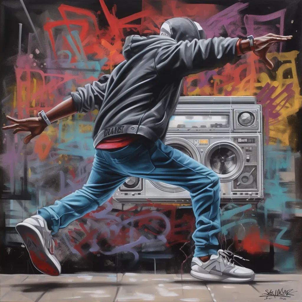 Hip-hop dancer in action with graffiti art and a boombox in the background - Image 2