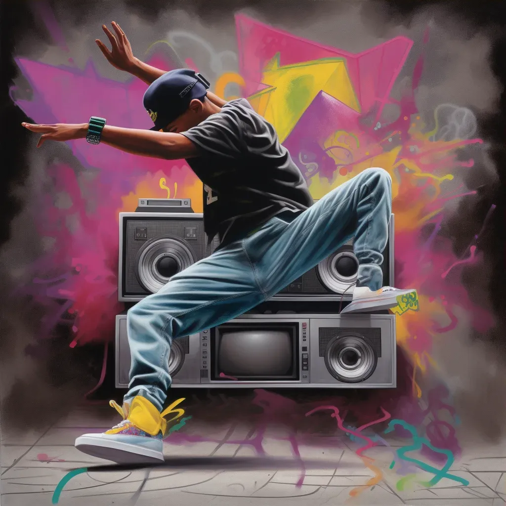 Hip-hop dancer in action with graffiti art and a boombox in the background - Image 3