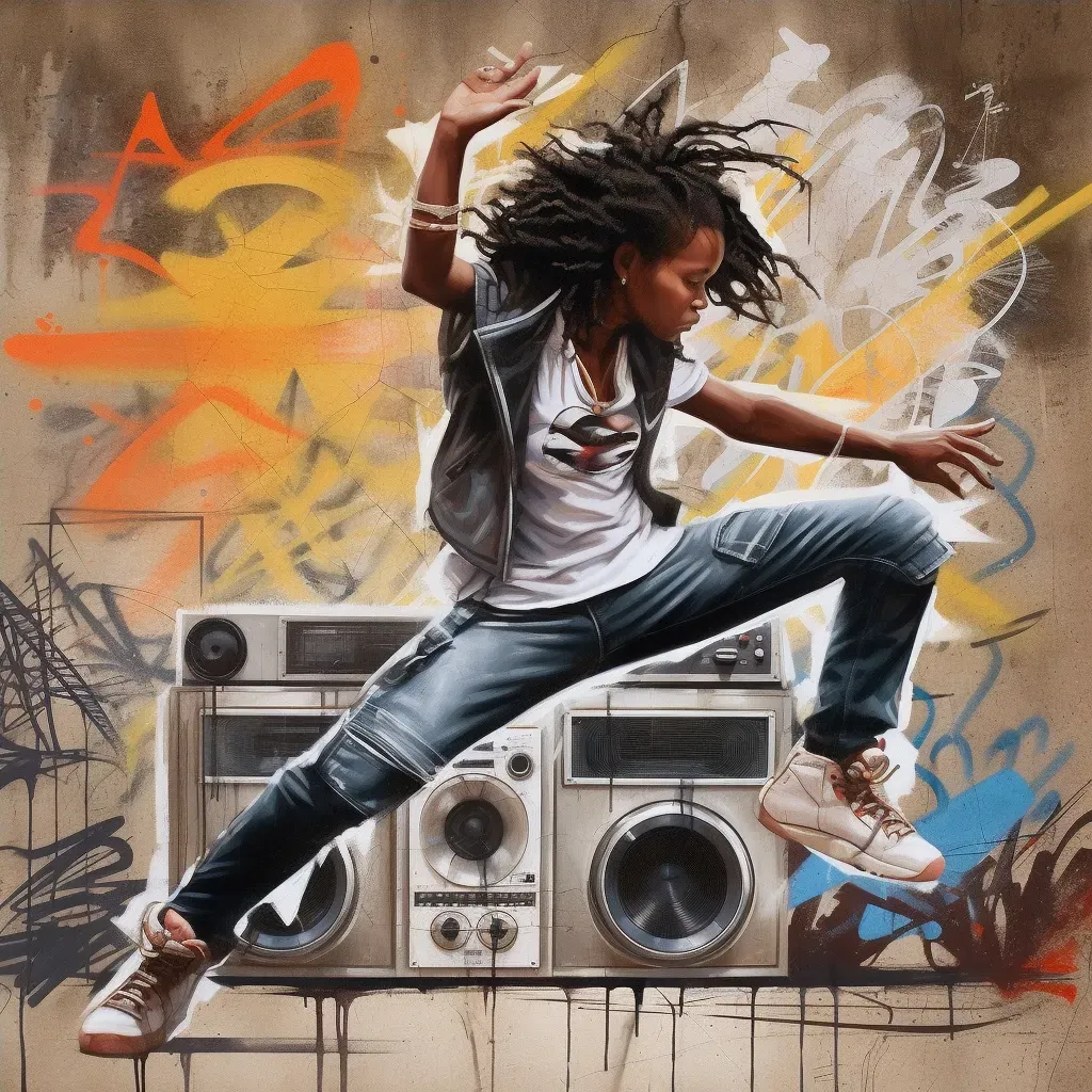 Hip-hop dancer in action with graffiti art and a boombox in the background - Image 4