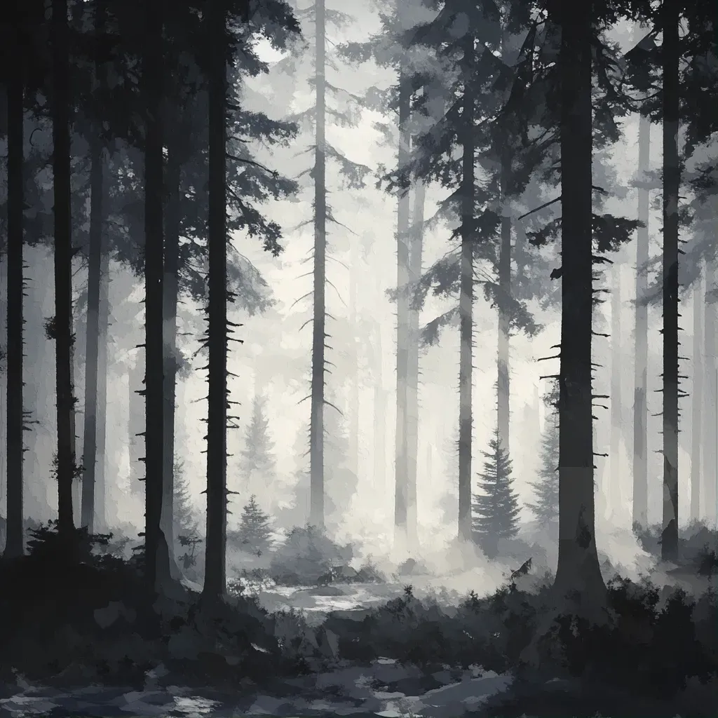 Low poly representation of a dense forest enveloped in fog, in monochrome with color accents - Image 1