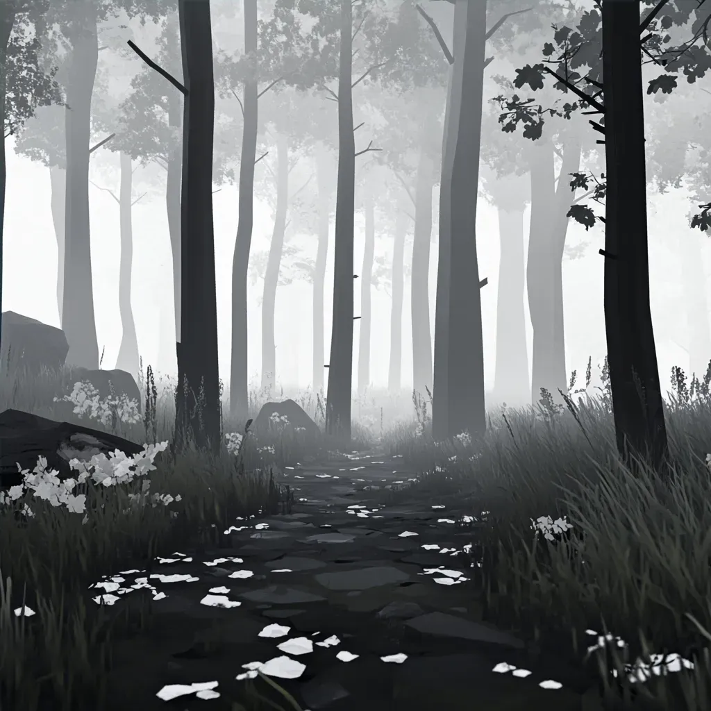 Low poly representation of a dense forest enveloped in fog, in monochrome with color accents - Image 4