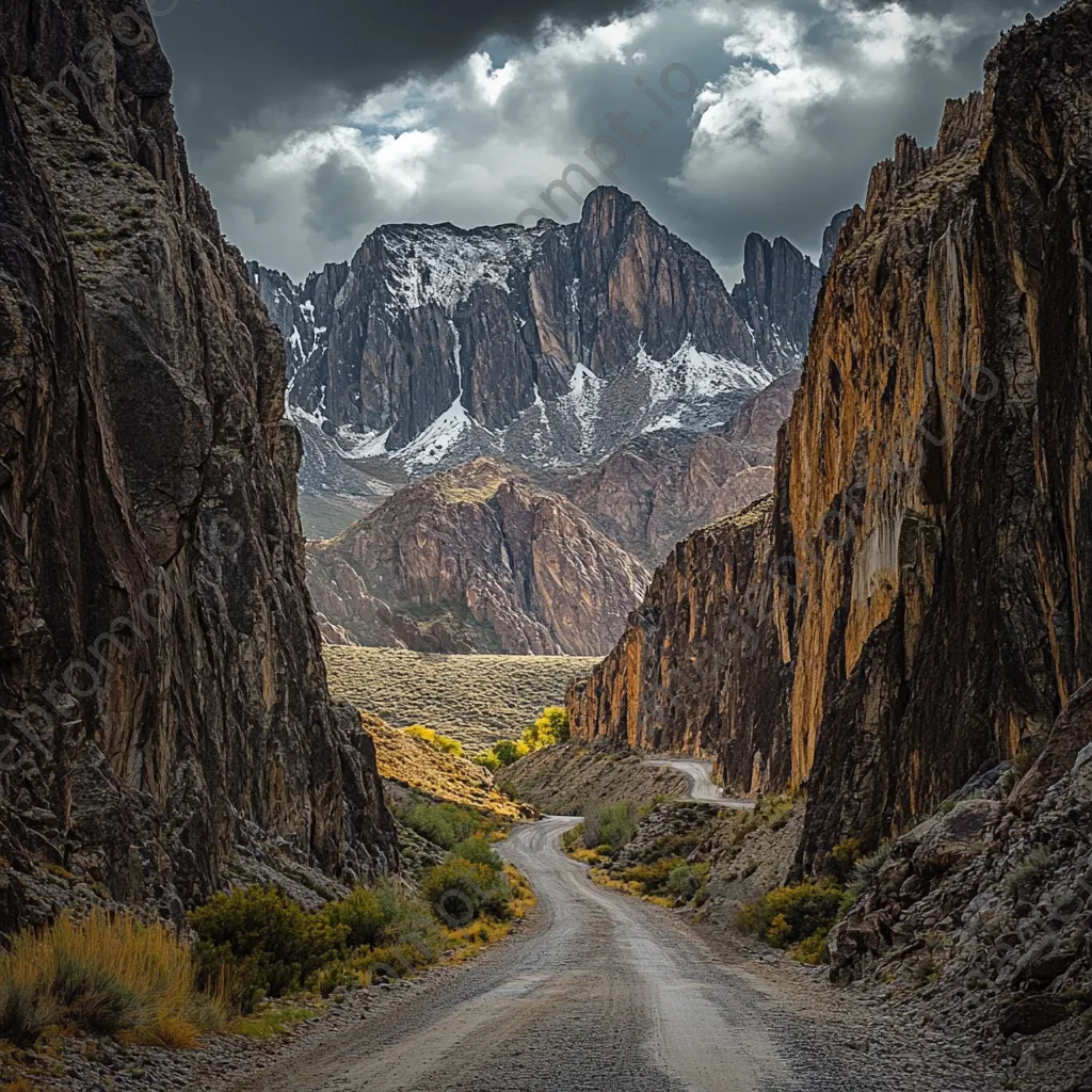 Mountain pass under granite cliffs and dramatic sky - Image 2