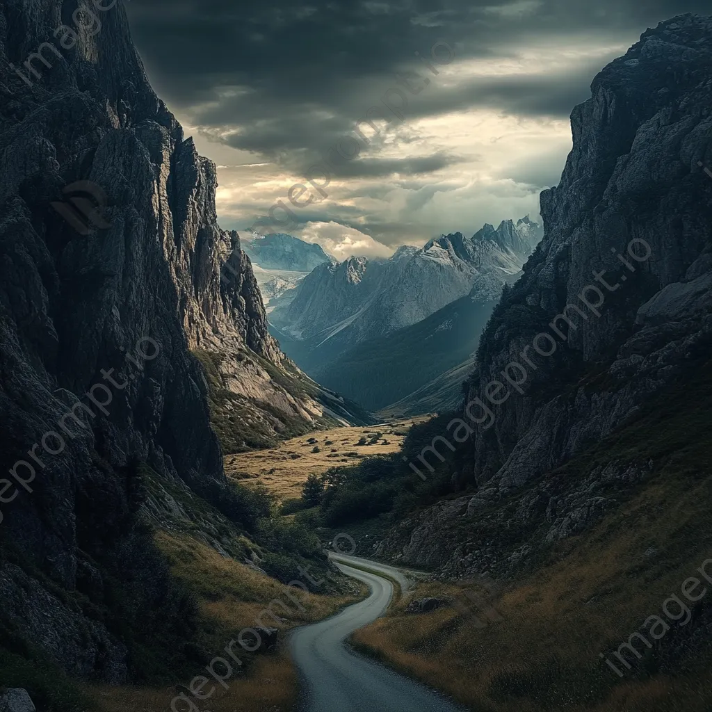 Mountain pass under granite cliffs and dramatic sky - Image 4