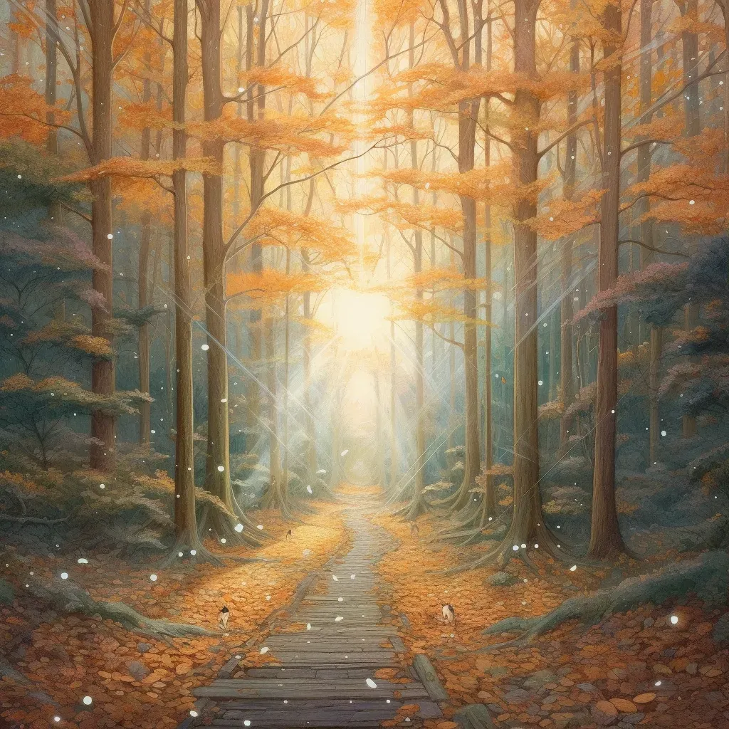 Forest path in autumn with sunlight filtering through - Image 1