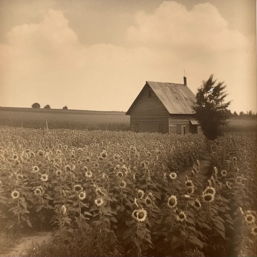 Rural scene with sunflowers, wooden barn, and clear skies - Image 1