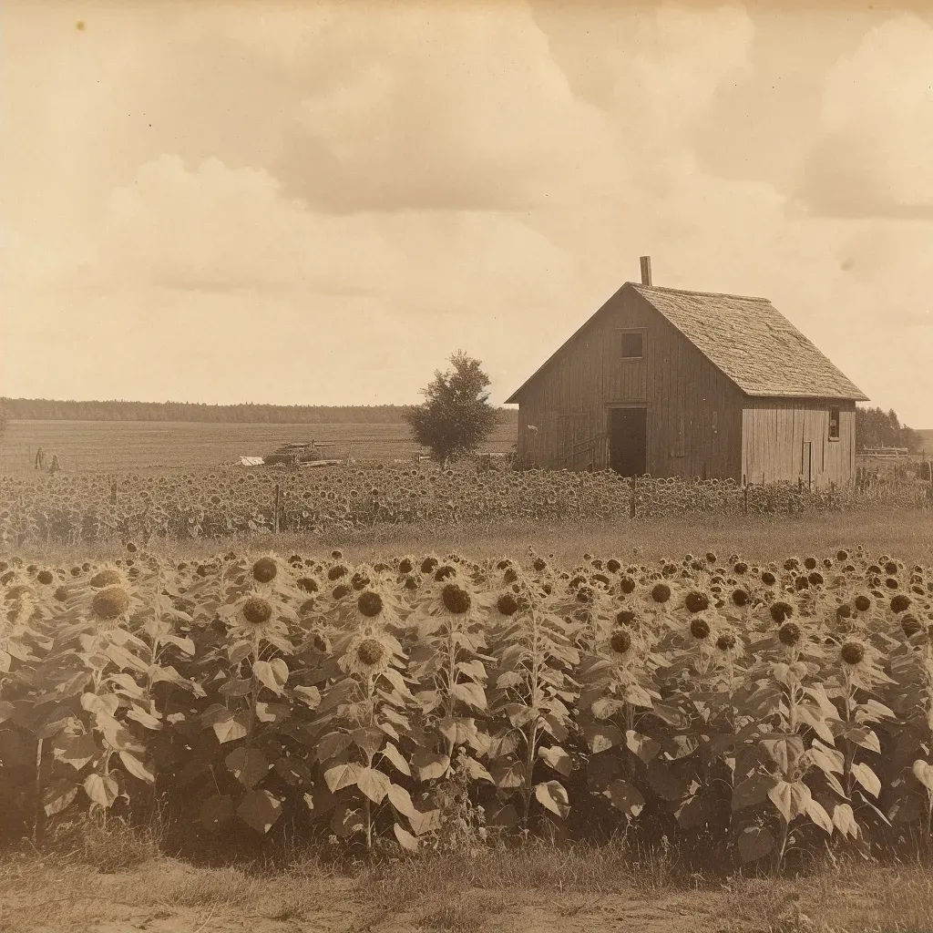 Rural scene with sunflowers, wooden barn, and clear skies - Image 2