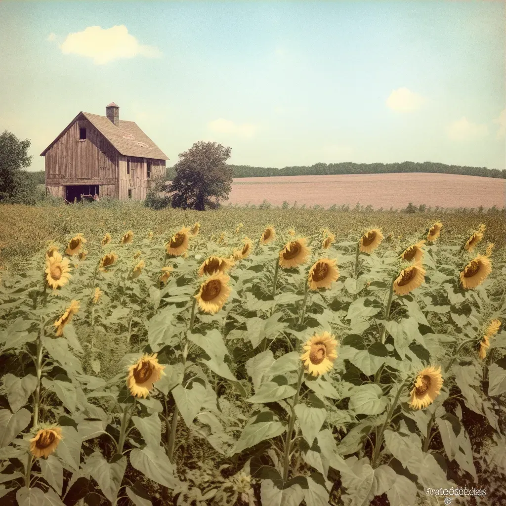 Rural scene with sunflowers, wooden barn, and clear skies - Image 3