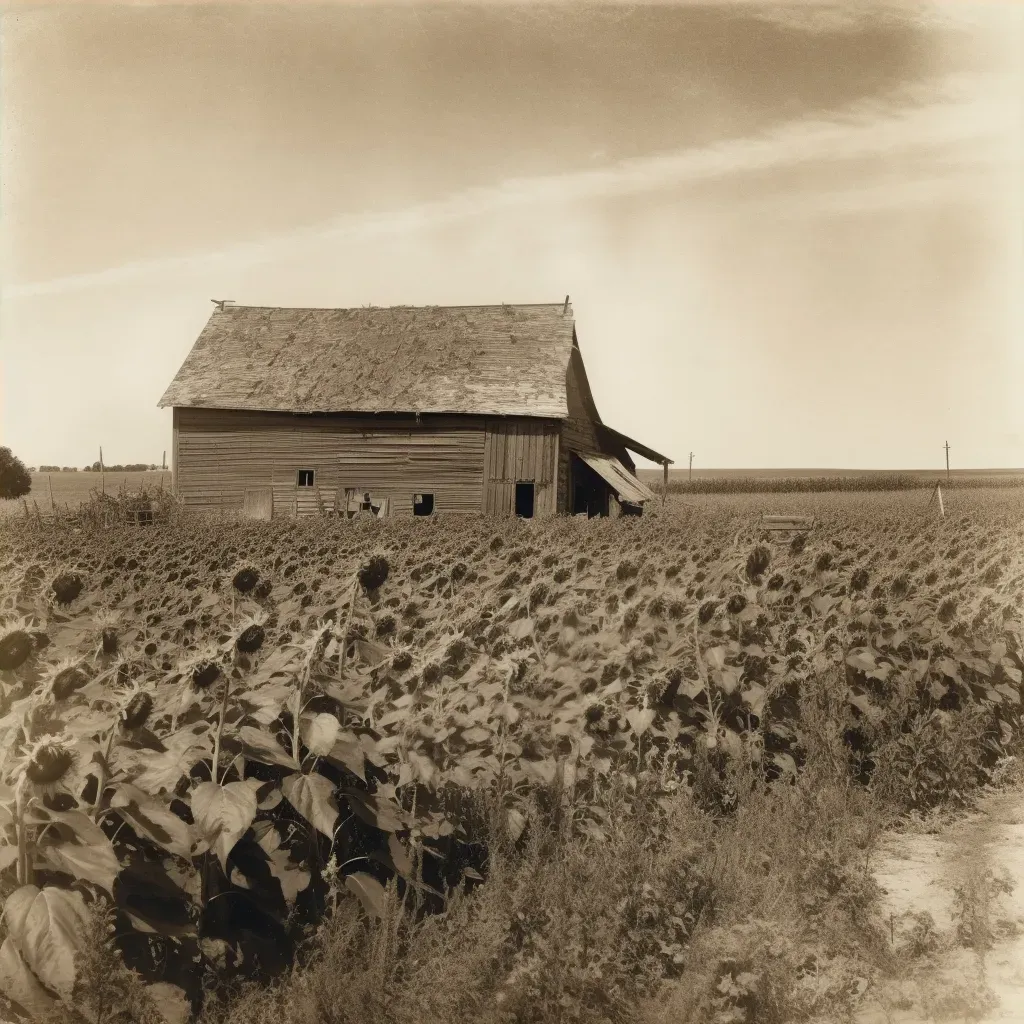 Rural scene with sunflowers, wooden barn, and clear skies - Image 4