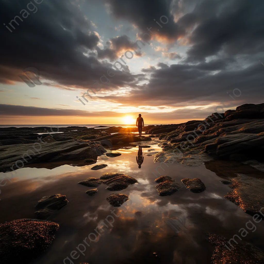 Lone figure walking along rock pools at sunset - Image 1