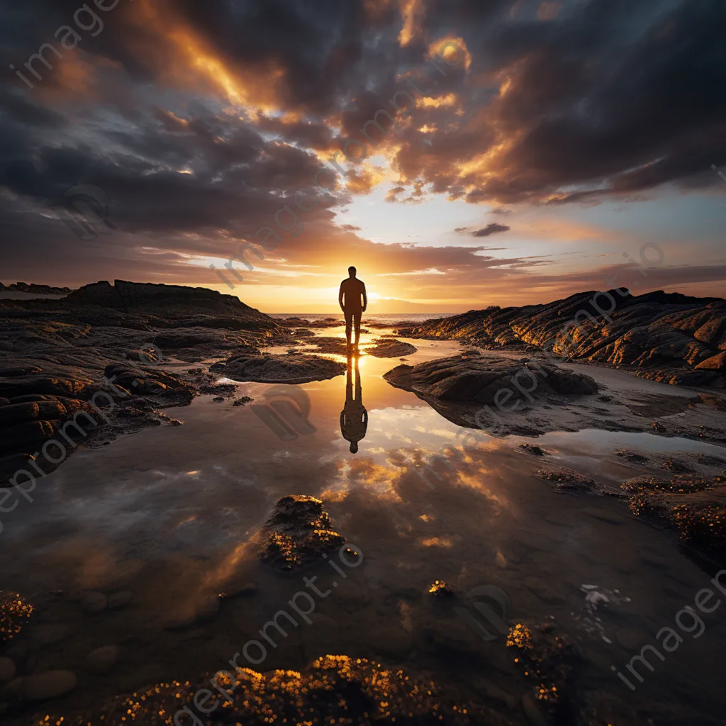 Lone figure walking along rock pools at sunset - Image 3