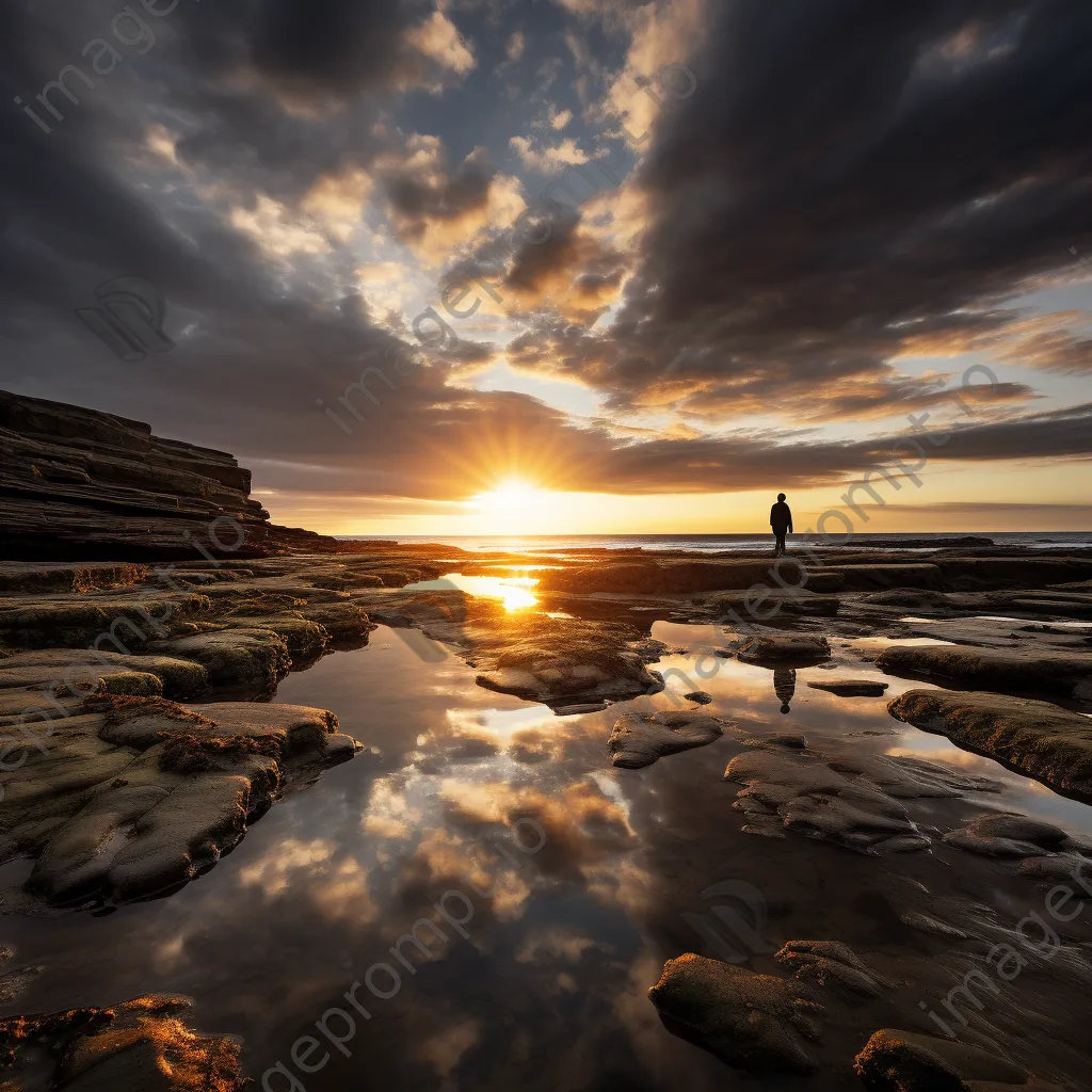 Lone figure walking along rock pools at sunset - Image 4