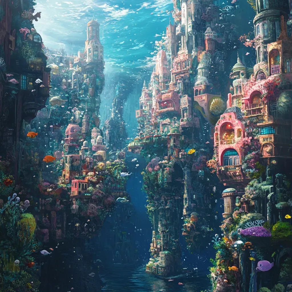 Colorful animated-style undersea city bustling with sea creatures - Image 1