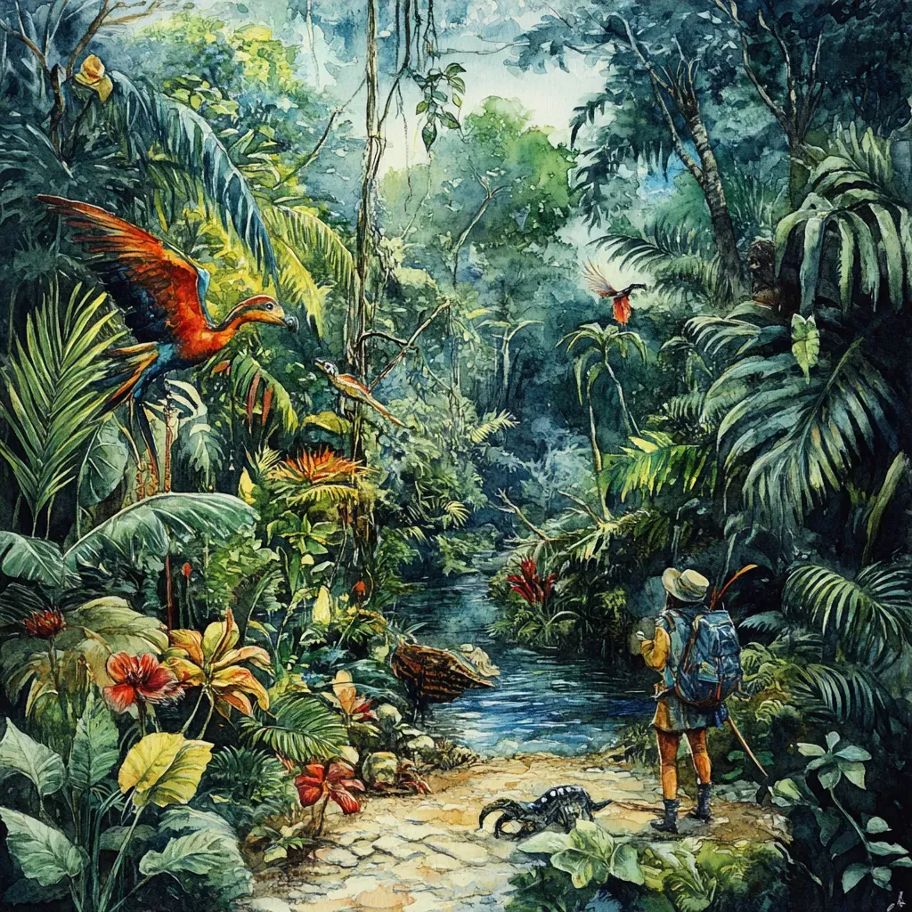 Watercolor depiction of an explorer studying fantastical creatures in Amazon rainforest - Image 4