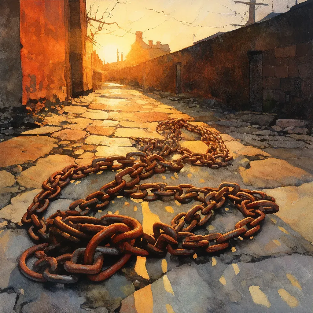 Rusty iron chain snapped in two under a golden evening sunset - Image 3