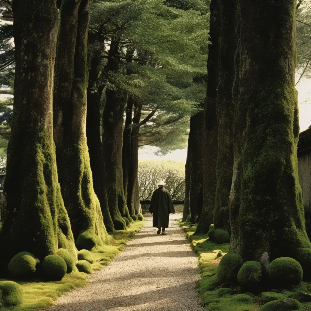 Monk walking on path lined with ancient trees and moss-covered stones - Image 1