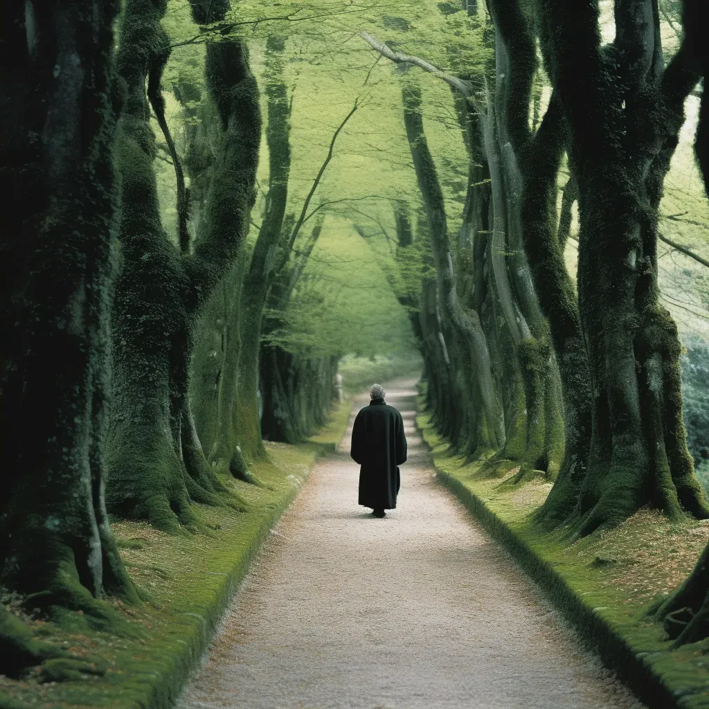 Monk walking on path lined with ancient trees and moss-covered stones - Image 2