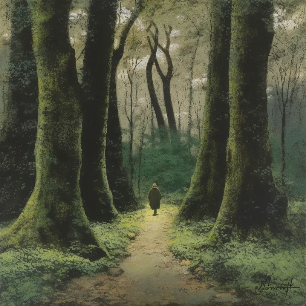 Monk walking on path lined with ancient trees and moss-covered stones - Image 4