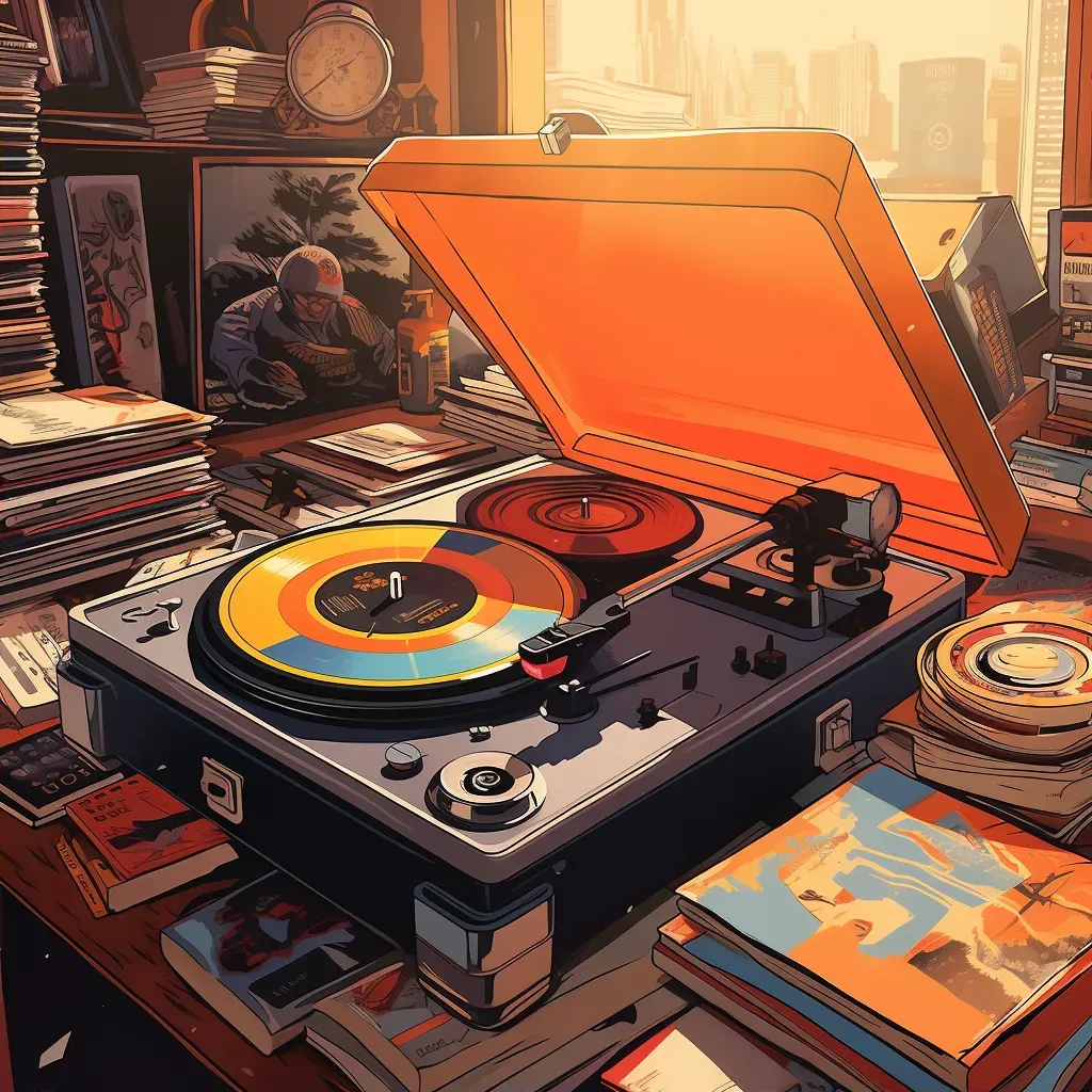 Vintage record player with spinning vinyl albums - Image 2