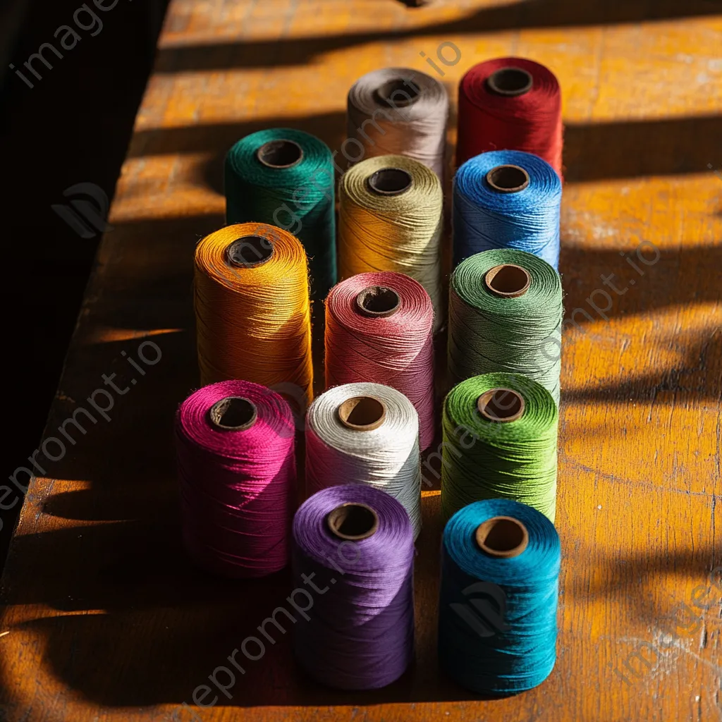 Colorful spools of thread arranged on a wooden table. - Image 1