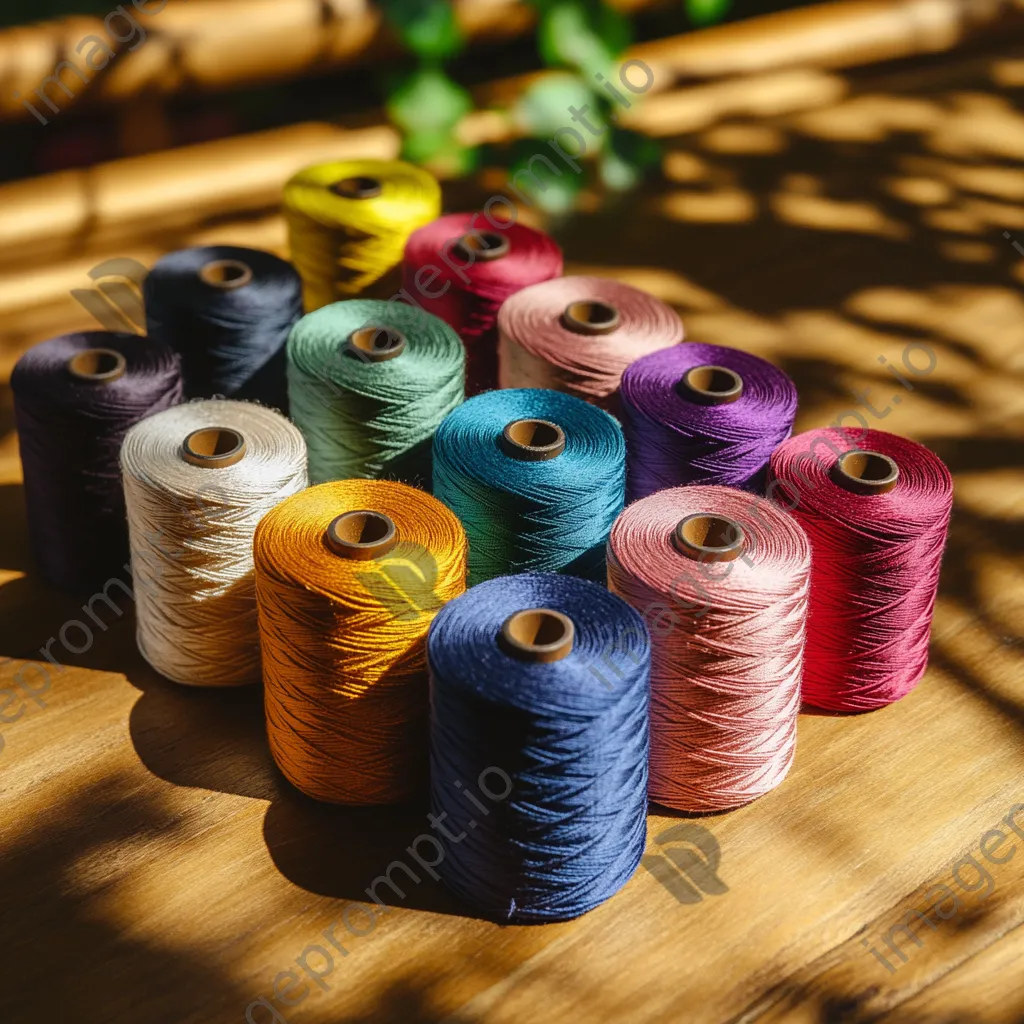 Colorful spools of thread arranged on a wooden table. - Image 2