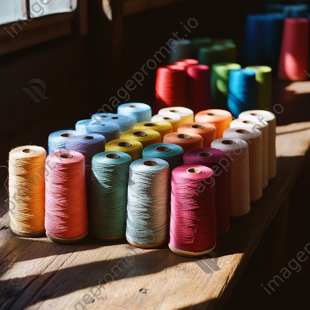 Colorful spools of thread arranged on a wooden table. - Image 3