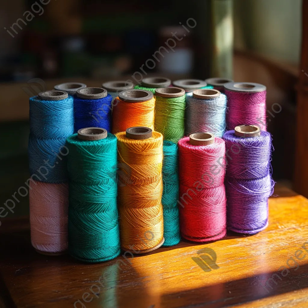 Colorful spools of thread arranged on a wooden table. - Image 4