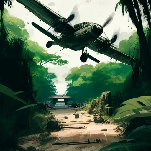 Image depicting a small propeller plane landing on a remote airstrip surrounded by dense jungle - Image 1