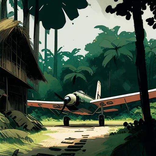 Image depicting a small propeller plane landing on a remote airstrip surrounded by dense jungle - Image 2