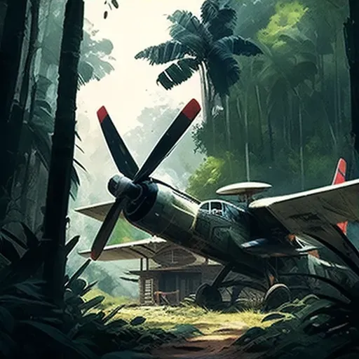 Image depicting a small propeller plane landing on a remote airstrip surrounded by dense jungle - Image 3