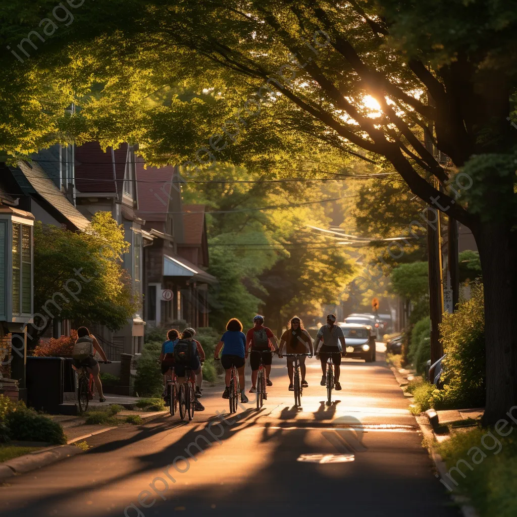 Family riding bicycles down a tree-lined street during golden hour - Image 1