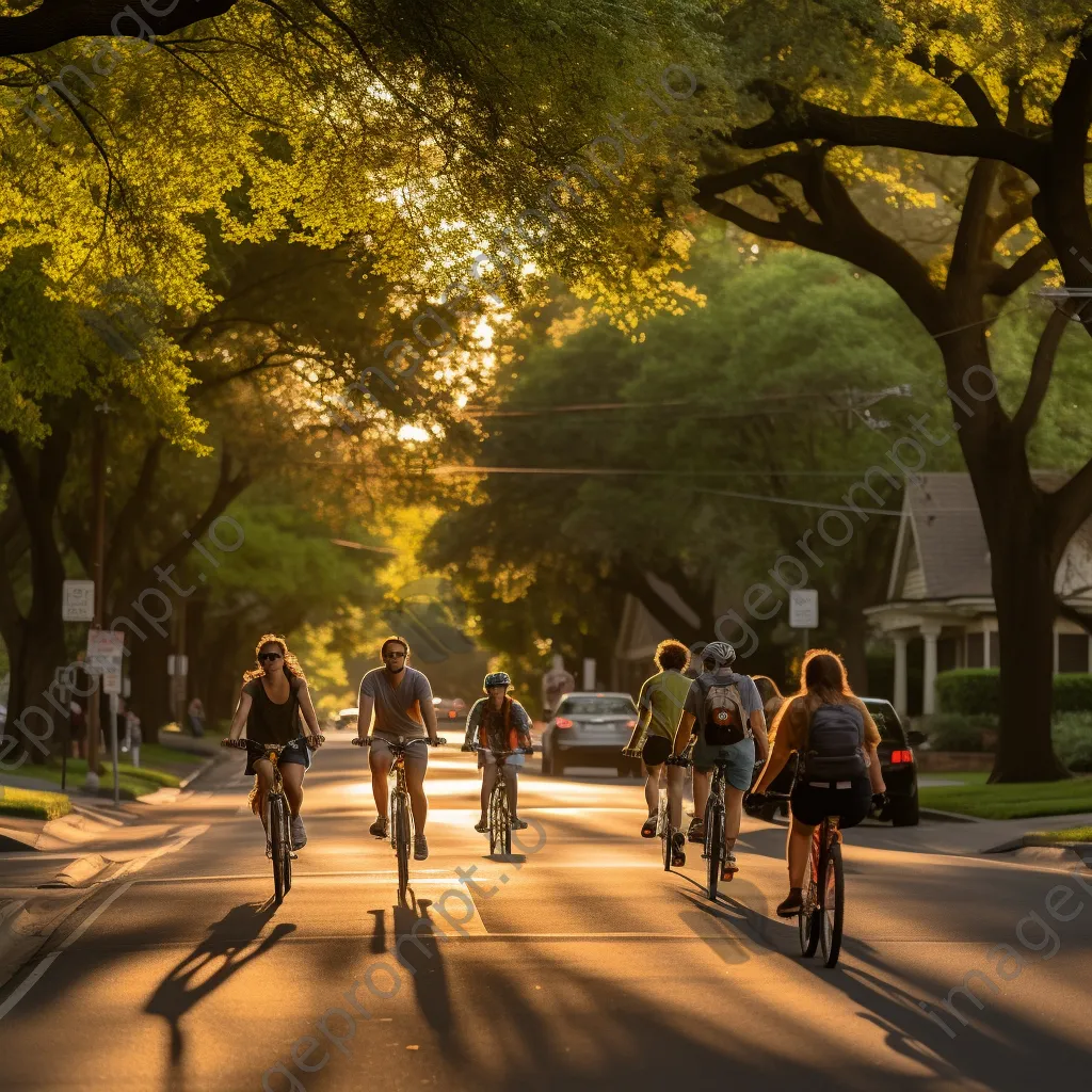 Family riding bicycles down a tree-lined street during golden hour - Image 2