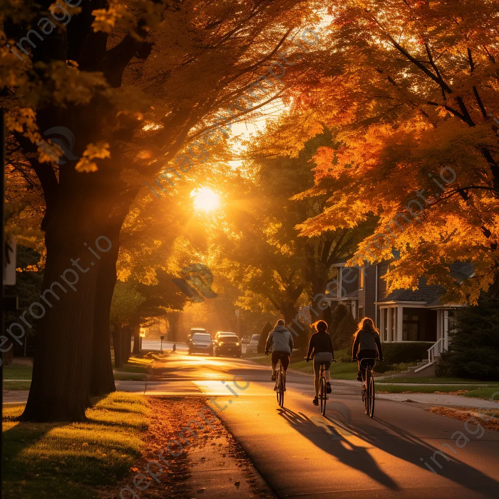 Family riding bicycles down a tree-lined street during golden hour - Image 3