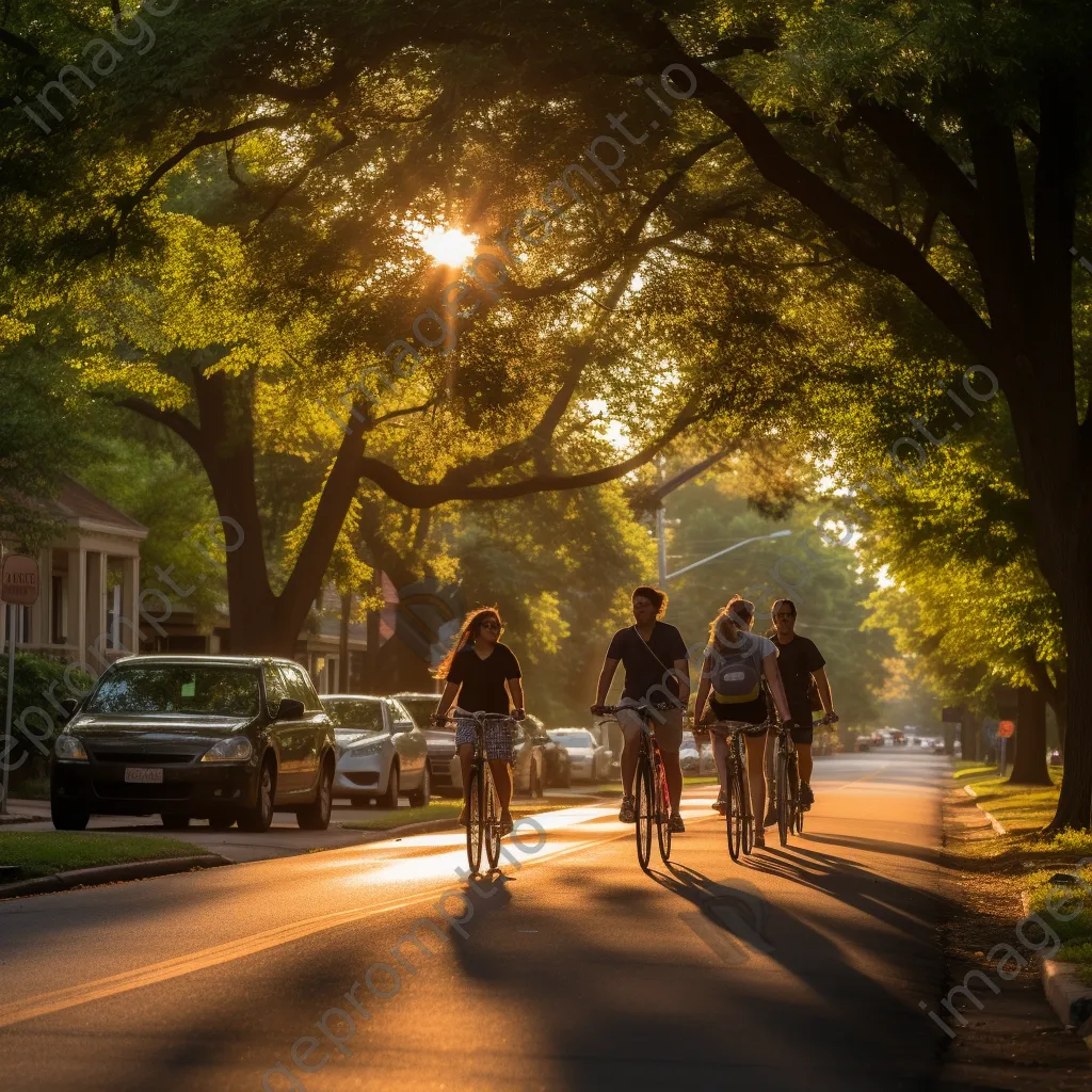 Family riding bicycles down a tree-lined street during golden hour - Image 4